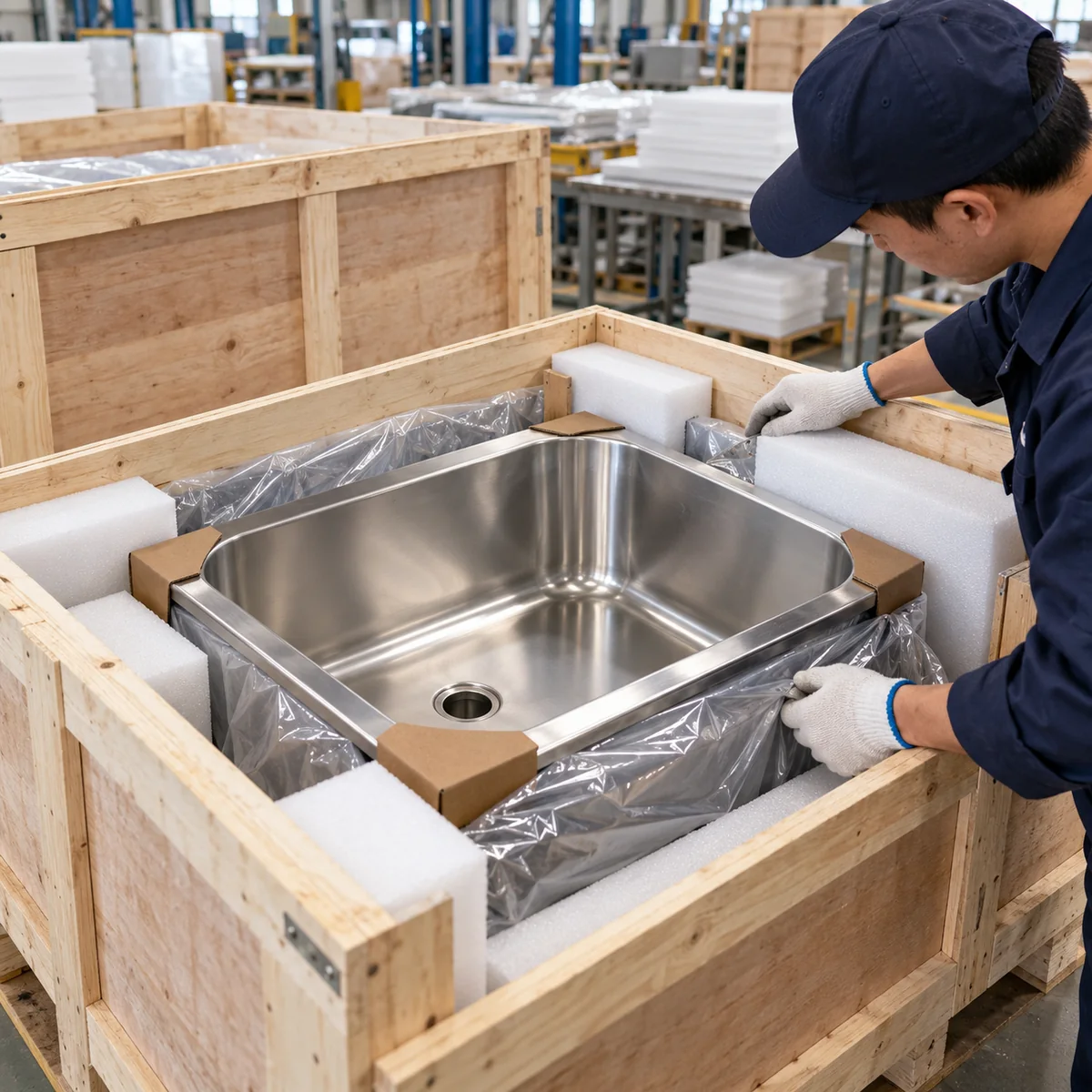 木箱に入ったステンレス製洗面器の周囲の保護パッキンを検査する作業員