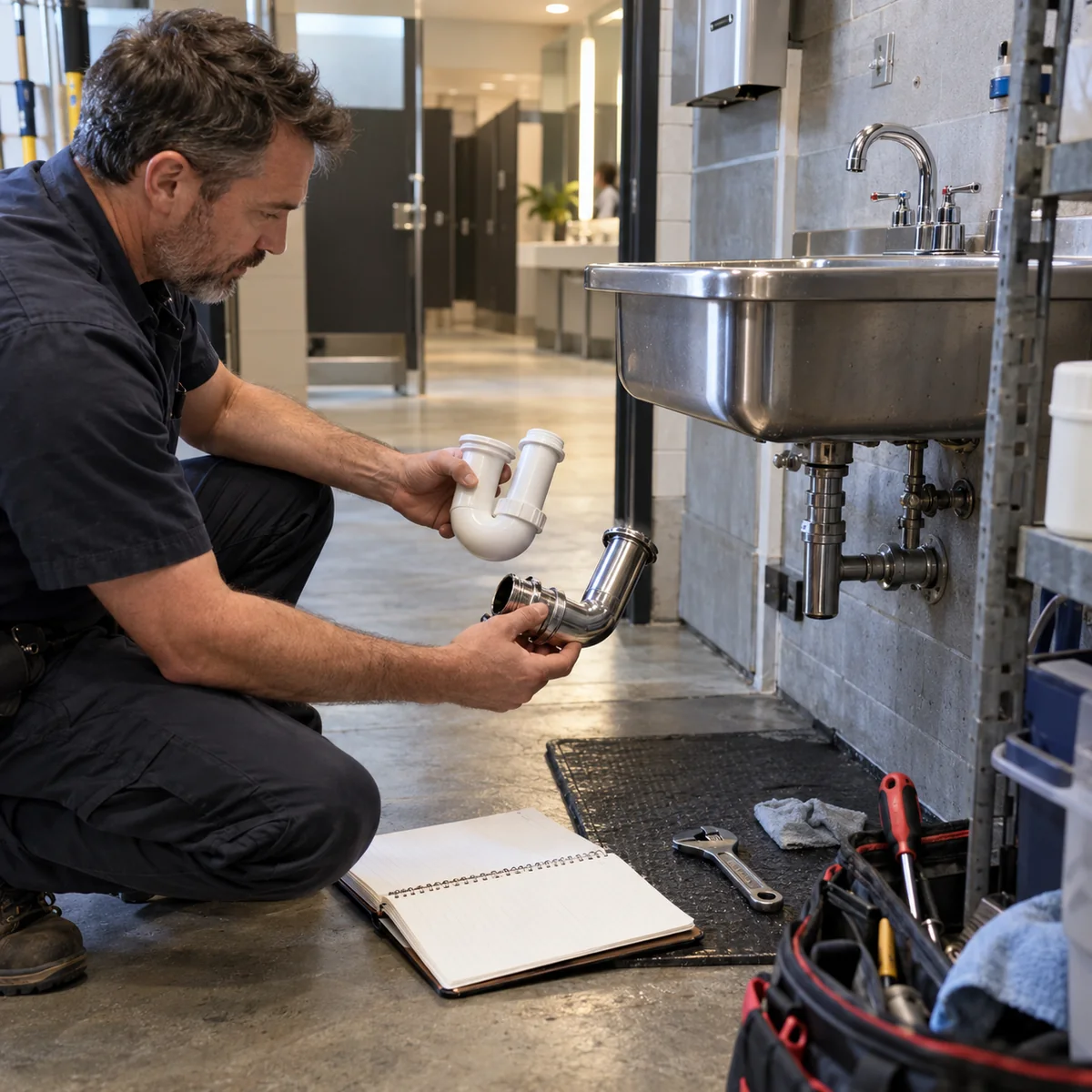 Gerente de instalaciones comparando piezas de servicio junto a un lavabo comercial de acero inoxidable