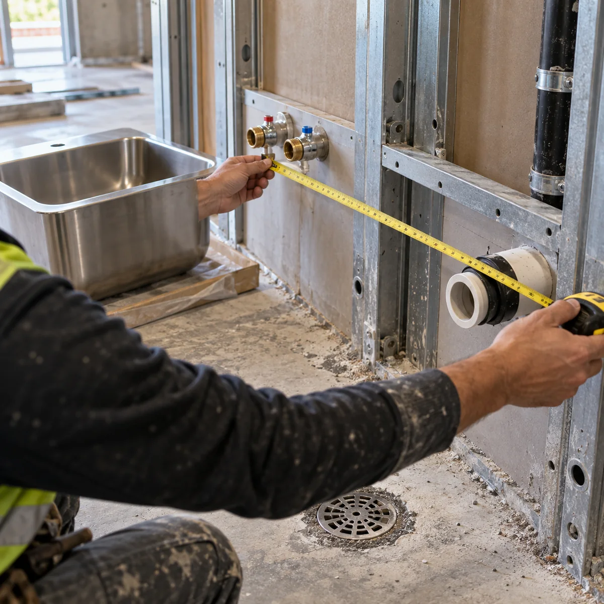 Auftragnehmer misst Rohbaustellen für Sanitärinstallationen neben einem Edelstahlbecken