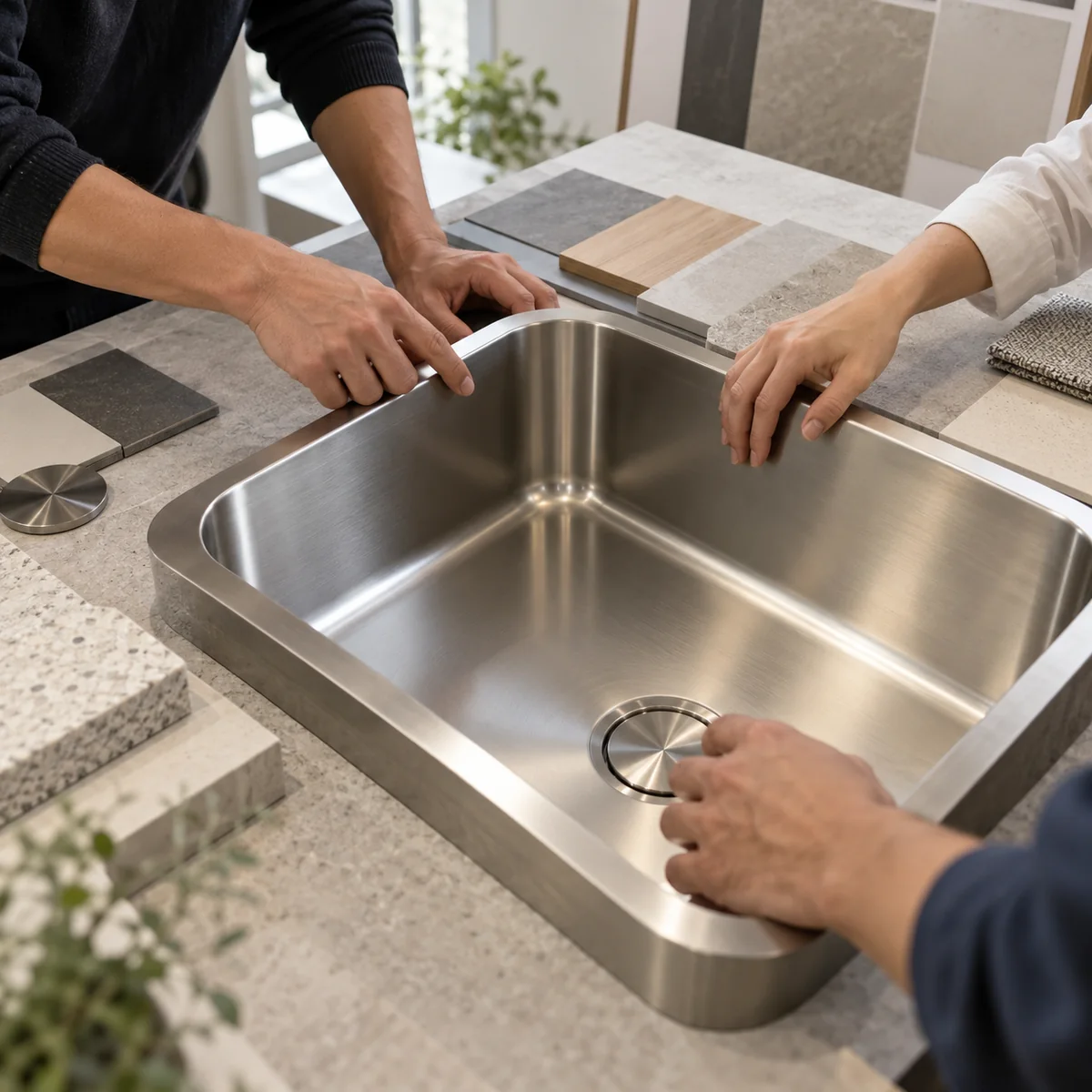 Das Projektteam überprüft ein Muster eines Edelstahlbeckens und die Materialoberflächen