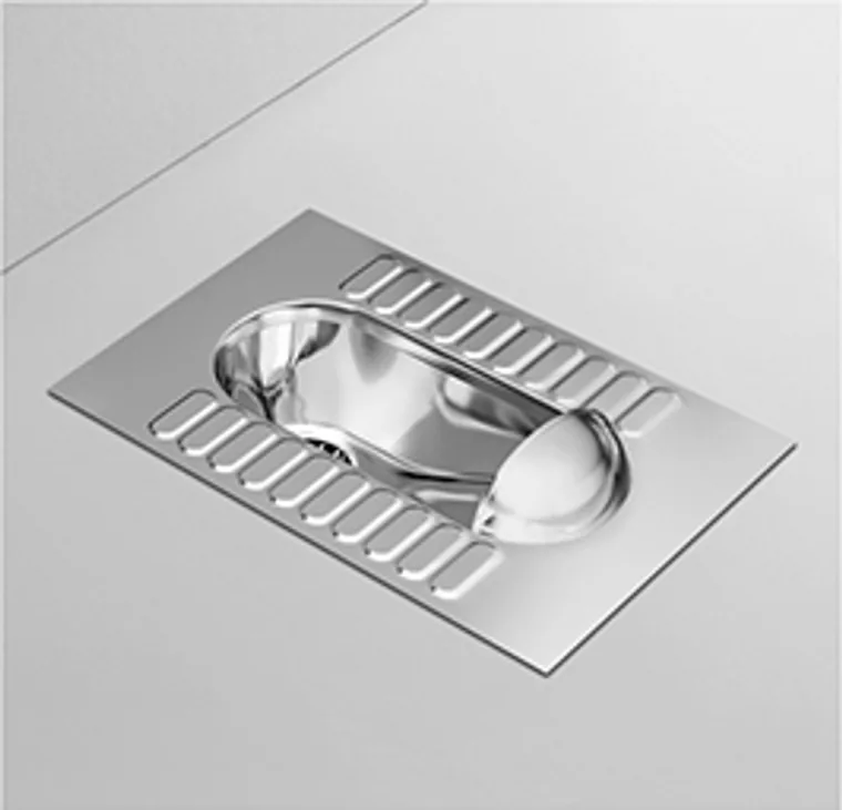 A stainless steel squatting pan designed for commercial bathroom, hospitality and public sanitary projects.