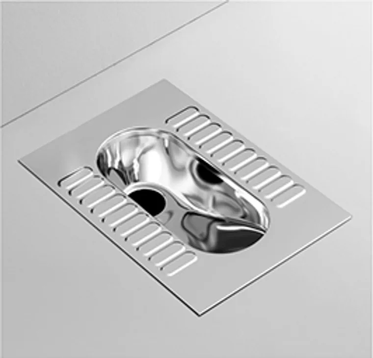 A stainless steel squatting pan designed for commercial bathroom, hospitality and public sanitary projects.