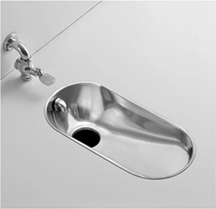 A stainless steel squatting pan designed for commercial bathroom, hospitality and public sanitary projects.