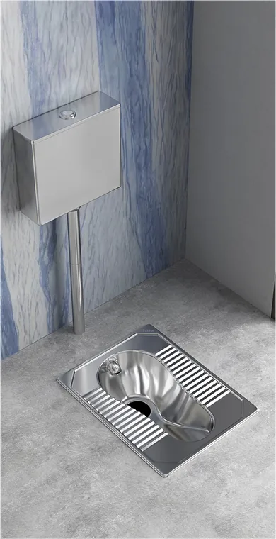 A stainless steel squatting pan designed for commercial bathroom, hospitality and public sanitary projects.