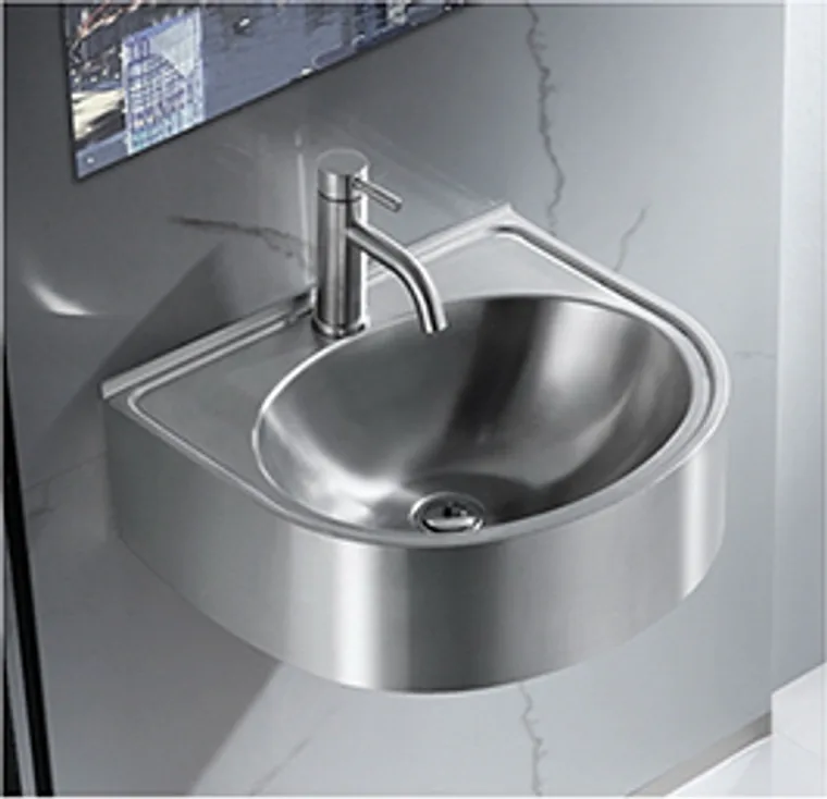 A stainless steel hanging basin designed for commercial bathroom, hospitality and public sanitary projects.