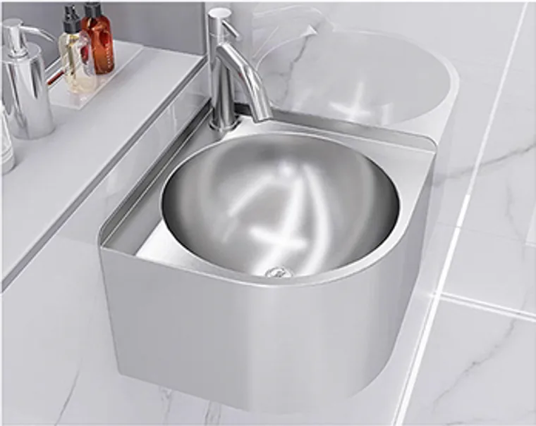 A stainless steel hanging basin designed for commercial bathroom, hospitality and public sanitary projects.
