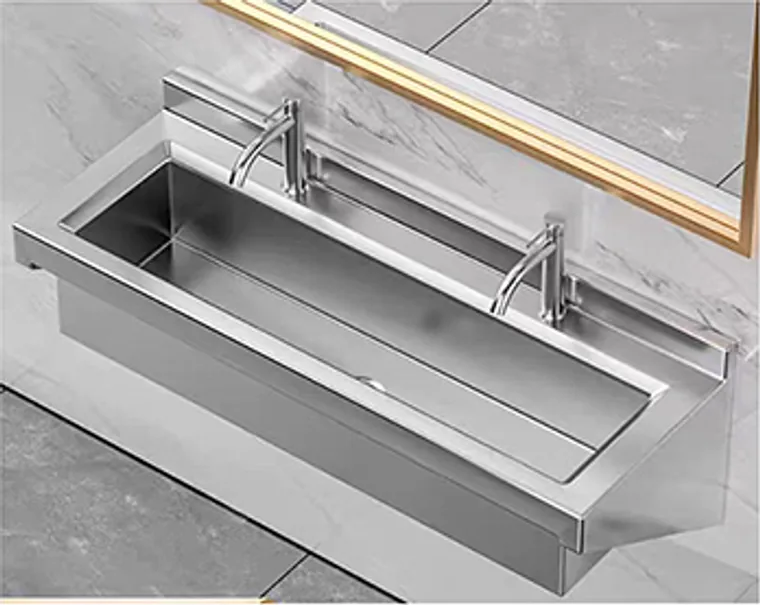A stainless steel hanging basin designed for commercial bathroom, hospitality and public sanitary projects.