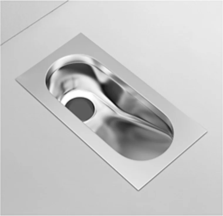 A stainless steel squatting pan designed for commercial bathroom, hospitality and public sanitary projects.