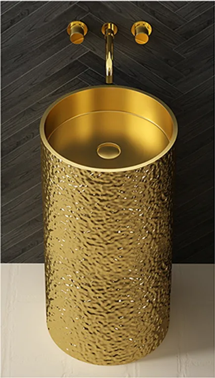 A round stainless steel pedestal basin with a water-ripple textured body and gold finish for decorative commercial bathrooms.