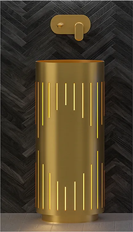 A gold stainless steel pedestal basin with vertical hollow-pattern details for premium commercial bathroom projects.