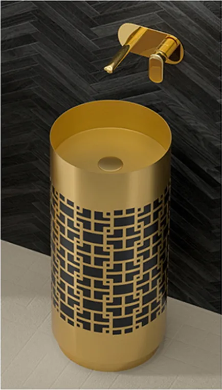 A two-tone hollow-pattern pedestal basin with a gold stainless steel finish and strong decorative appeal for commercial interiors.