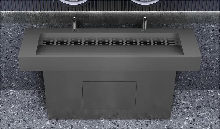 A stainless steel customized pedestal basin designed for commercial bathroom, hospitality and public sanitary projects.