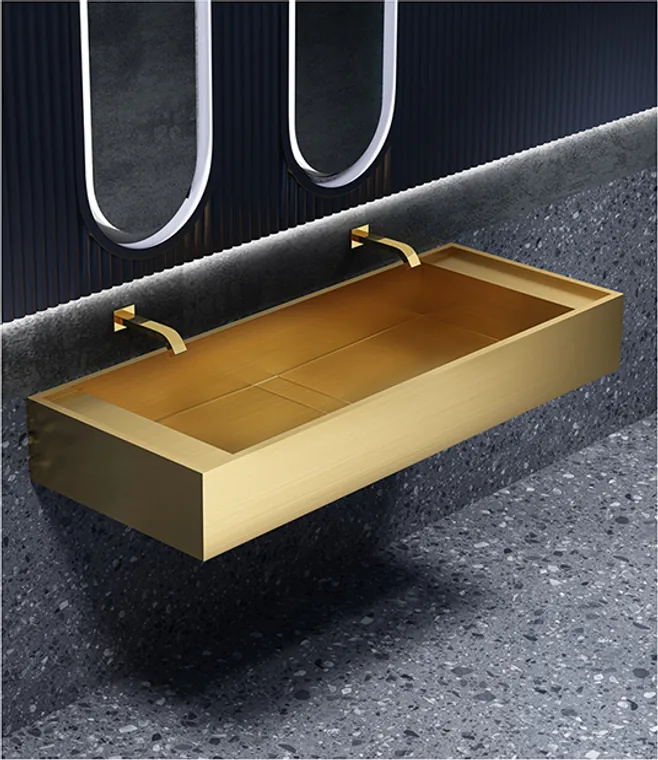 A stainless steel customized pedestal basin designed for commercial bathroom, hospitality and public sanitary projects.