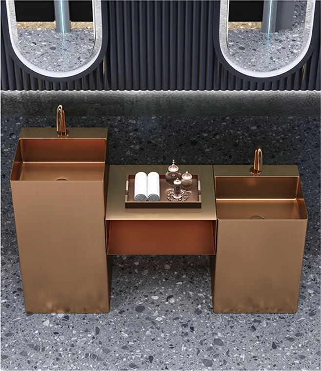 A stainless steel customized pedestal basin designed for commercial bathroom, hospitality and public sanitary projects.