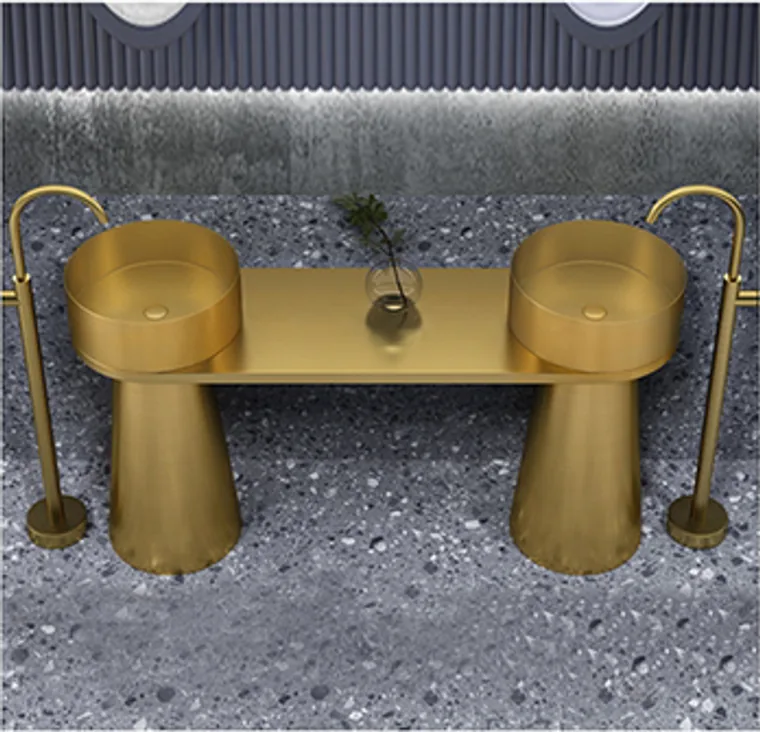 A stainless steel customized pedestal basin designed for commercial bathroom, hospitality and public sanitary projects.
