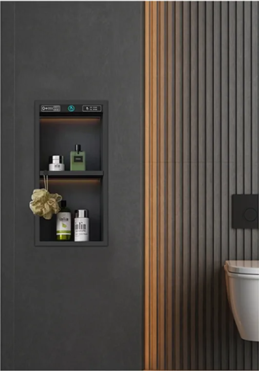 A stainless steel embedded niche designed for commercial bathroom, hospitality and public sanitary projects.