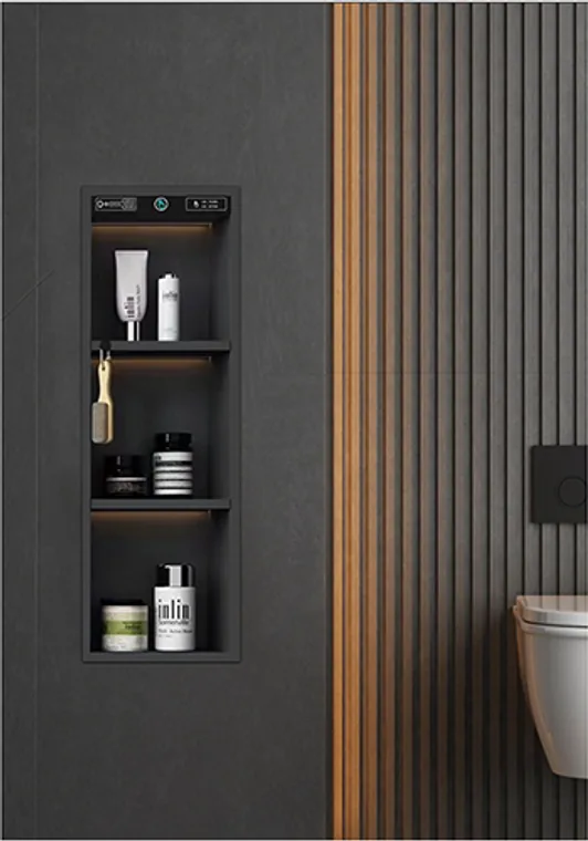 A stainless steel embedded niche designed for commercial bathroom, hospitality and public sanitary projects.
