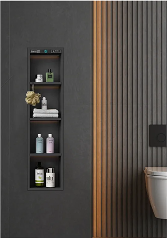 A stainless steel embedded niche designed for commercial bathroom, hospitality and public sanitary projects.